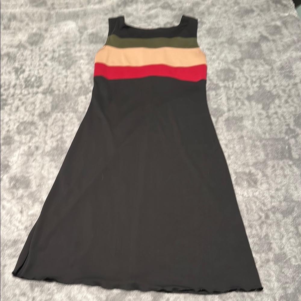 Elegant Black Dress with Red and Tan Accents
